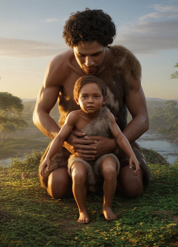 Uma figura humana jovem sendo amparada por um adulto em uma paisagem natural antiga ao amanhecer.