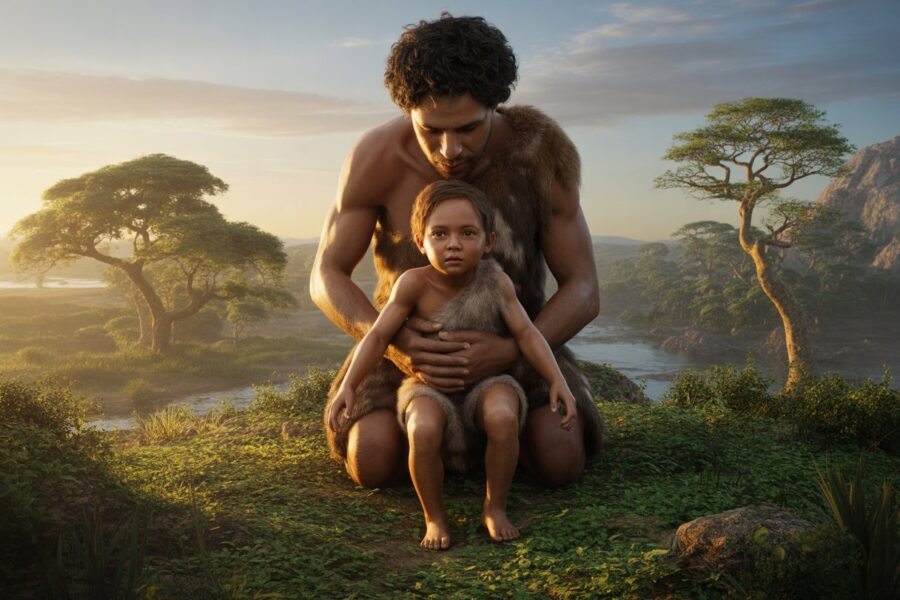 Uma figura humana jovem sendo amparada por um adulto em uma paisagem natural antiga ao amanhecer.
