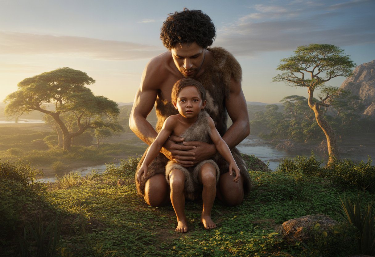Uma figura humana jovem sendo amparada por um adulto em uma paisagem natural antiga ao amanhecer.