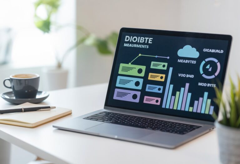 Mesa de escritório moderna com laptop mostrando gráficos digitais sobre armazenamento de dados, acompanhado por uma caneca, caderno e planta pequena.