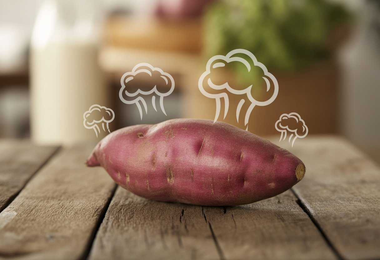 Batata doce fresca sobre uma mesa de madeira com pequenas bolhas de gás ao redor.