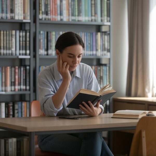 Pessoa lendo atentamente um livro em uma biblioteca moderna e bem iluminada.