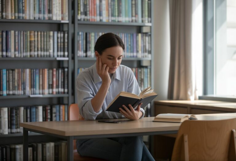 Pessoa lendo atentamente um livro em uma biblioteca moderna e bem iluminada.
