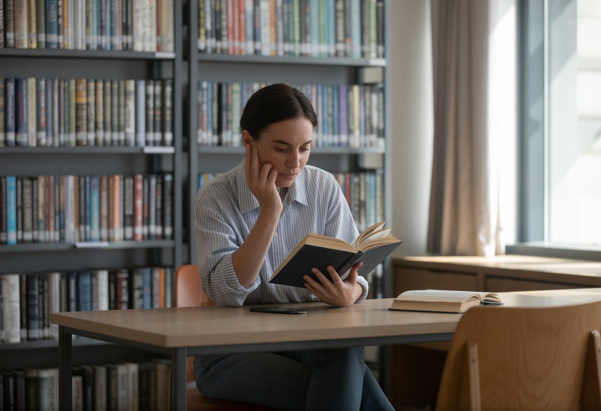 Pessoa lendo atentamente um livro em uma biblioteca moderna e bem iluminada.