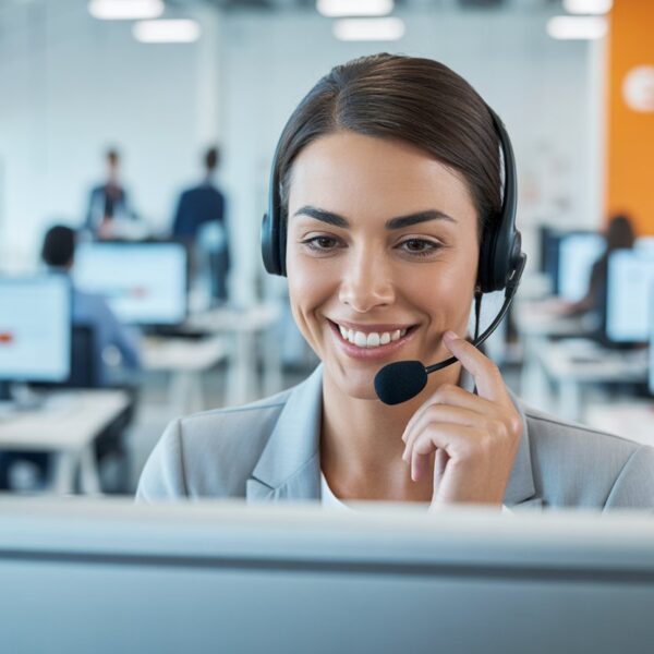 Representante de atendimento ao cliente sorridente usando headset em um escritório moderno de call center.