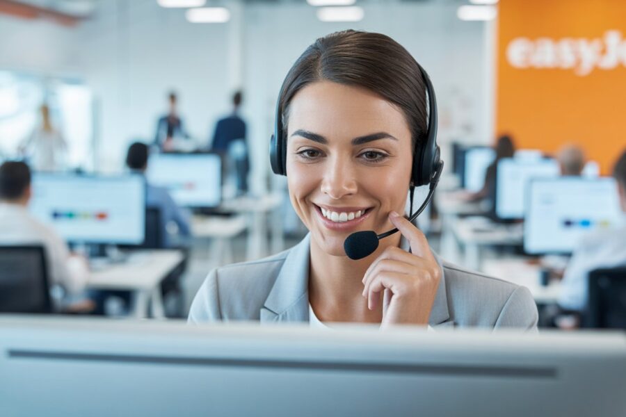 Representante de atendimento ao cliente sorridente usando headset em um escritório moderno de call center.
