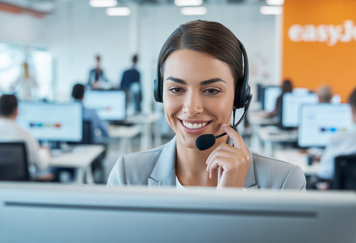 Representante de atendimento ao cliente sorridente usando headset em um escritório moderno de call center.