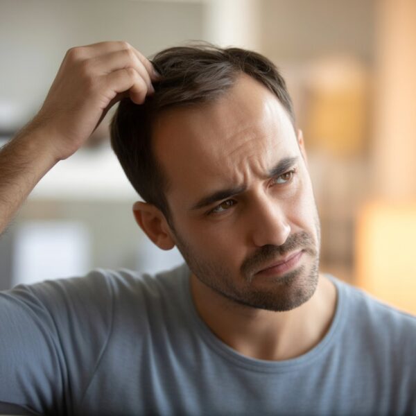 Homem puxando o cabelo com expressão pensativa e levemente estressada, em um ambiente interno neutro.