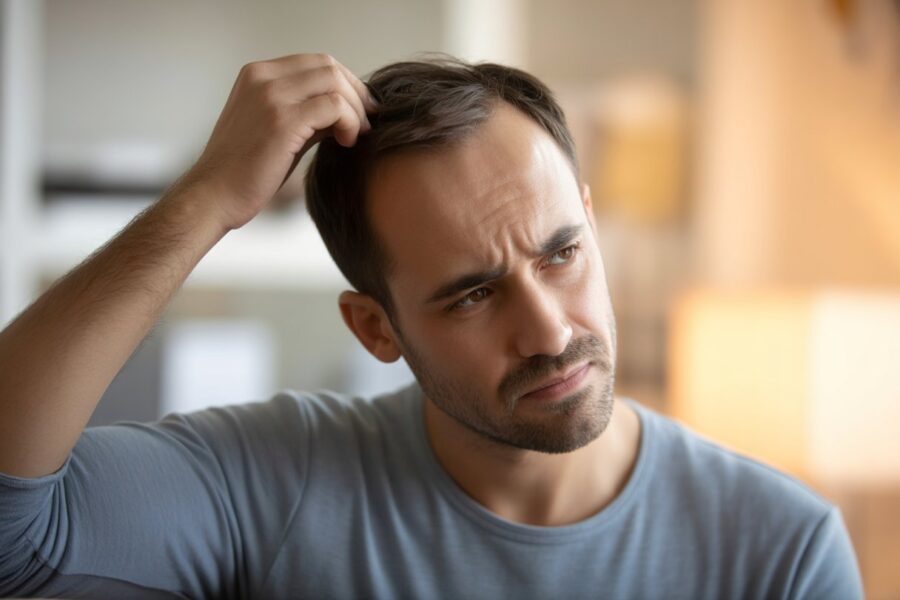 Homem puxando o cabelo com expressão pensativa e levemente estressada, em um ambiente interno neutro.