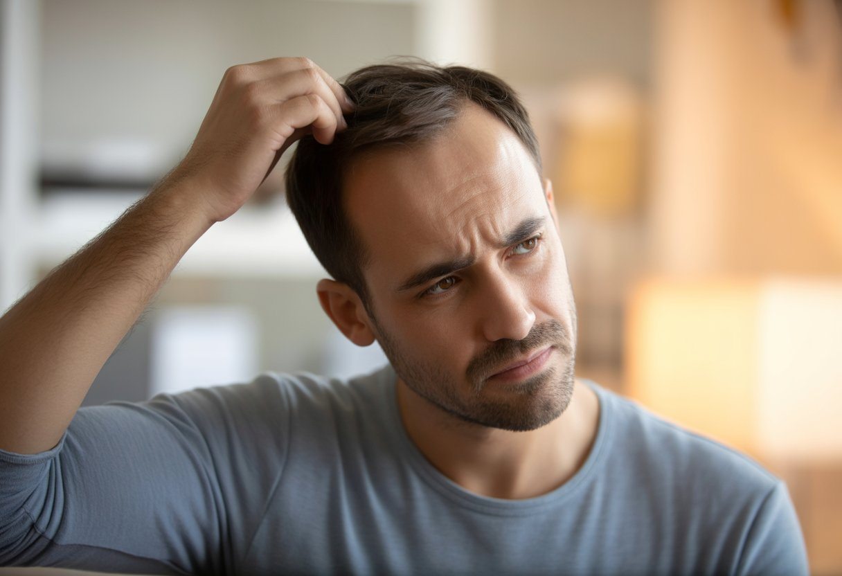 Homem puxando o cabelo com expressão pensativa e levemente estressada, em um ambiente interno neutro.