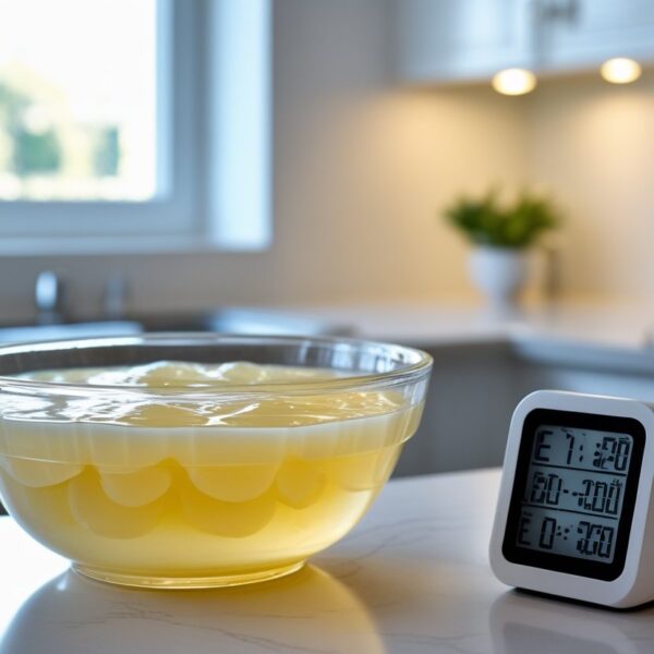 Uma tigela de vidro transparente com gelatina pronta sobre uma bancada de cozinha, ao lado de um timer digital mostrando a contagem regressiva.