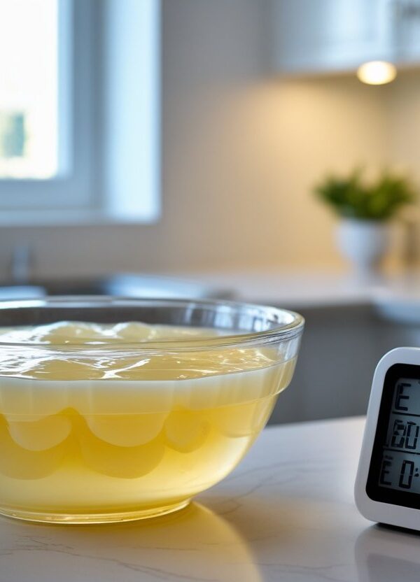 Uma tigela de vidro transparente com gelatina pronta sobre uma bancada de cozinha, ao lado de um timer digital mostrando a contagem regressiva.