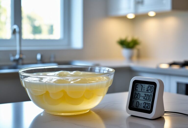 Uma tigela de vidro transparente com gelatina pronta sobre uma bancada de cozinha, ao lado de um timer digital mostrando a contagem regressiva.
