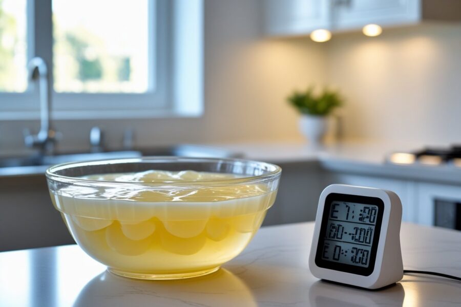Uma tigela de vidro transparente com gelatina pronta sobre uma bancada de cozinha, ao lado de um timer digital mostrando a contagem regressiva.