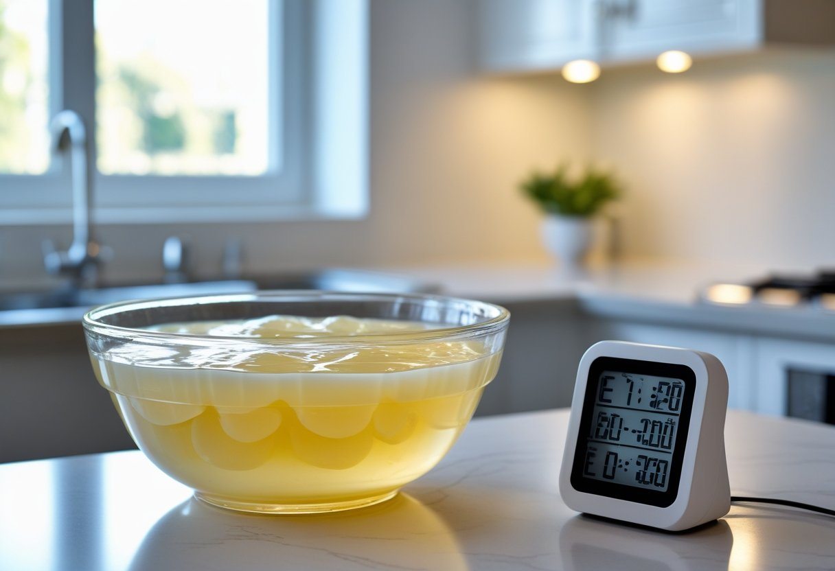 Uma tigela de vidro transparente com gelatina pronta sobre uma bancada de cozinha, ao lado de um timer digital mostrando a contagem regressiva.