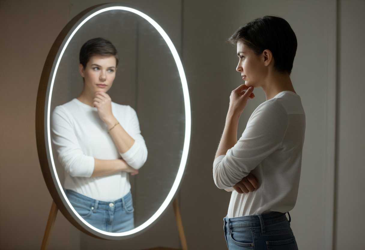Pessoa olhando para seu reflexo no espelho com expressão pensativa em um ambiente moderno e iluminado.