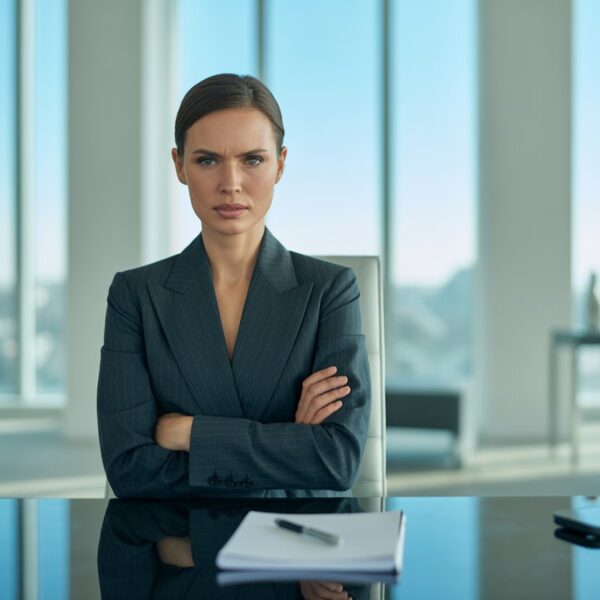 Mulher de negócios confiante sentada em uma mesa de vidro em escritório moderno, com expressão calma e focada, braços cruzados.