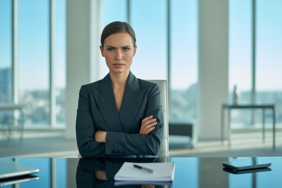Mulher de negócios confiante sentada em uma mesa de vidro em escritório moderno, com expressão calma e focada, braços cruzados.