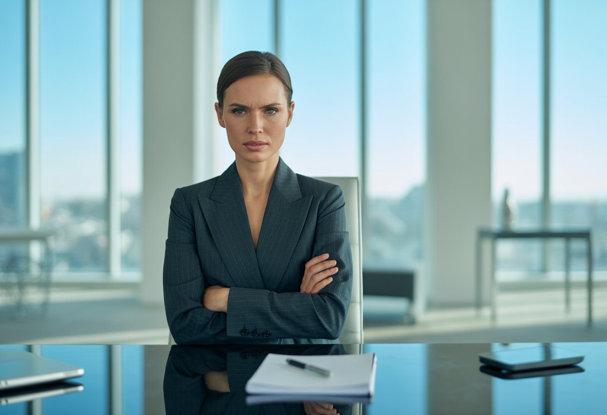 Mulher de negócios confiante sentada em uma mesa de vidro em escritório moderno, com expressão calma e focada, braços cruzados.