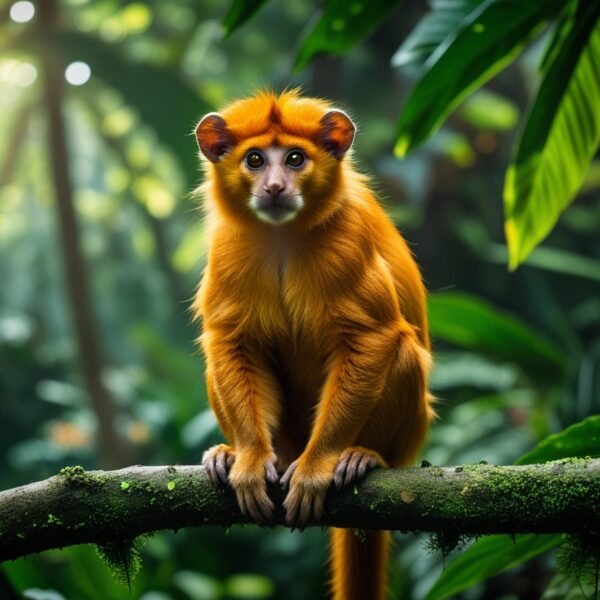 Um mico-leão-dourado em um galho verde na floresta tropical do Brasil.