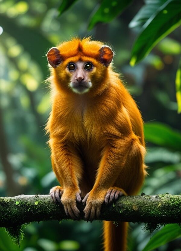 Um mico-leão-dourado em um galho verde na floresta tropical do Brasil.