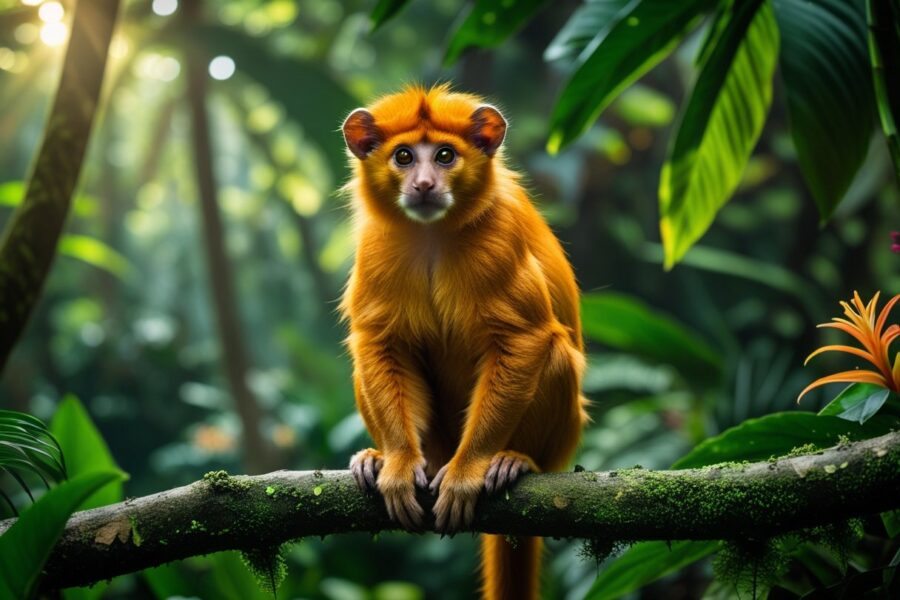 Um mico-leão-dourado em um galho verde na floresta tropical do Brasil.
