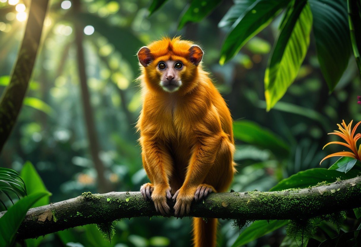 Um mico-leão-dourado em um galho verde na floresta tropical do Brasil.