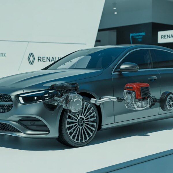 Carro Mercedes-Benz em uma concessionária com o capô aberto mostrando o motor, destacando a colaboração com a Renault.