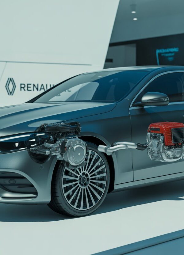 Carro Mercedes-Benz em uma concessionária com o capô aberto mostrando o motor, destacando a colaboração com a Renault.