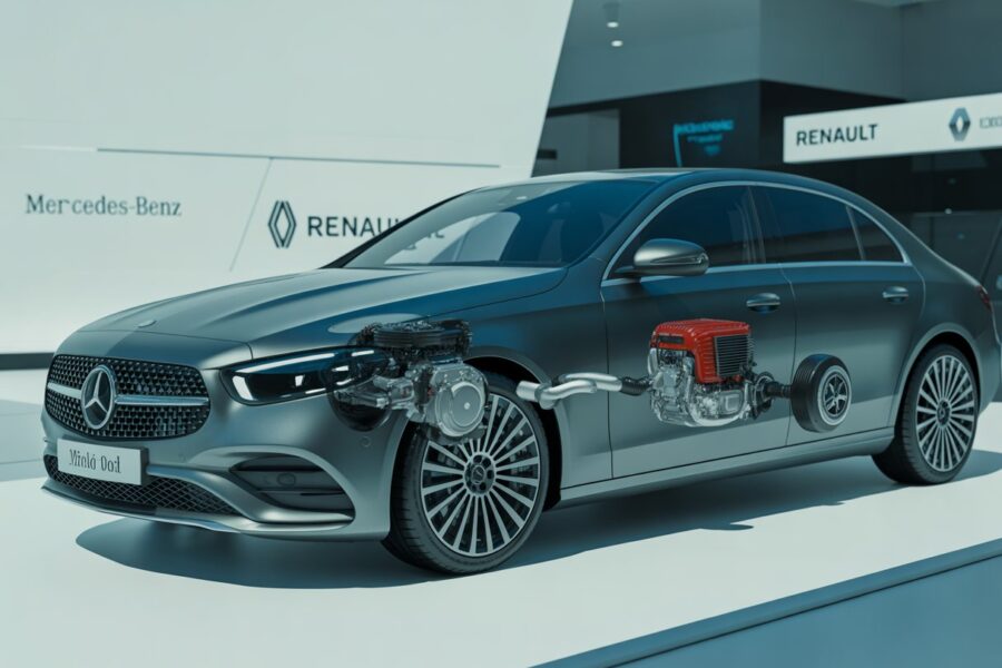 Carro Mercedes-Benz em uma concessionária com o capô aberto mostrando o motor, destacando a colaboração com a Renault.