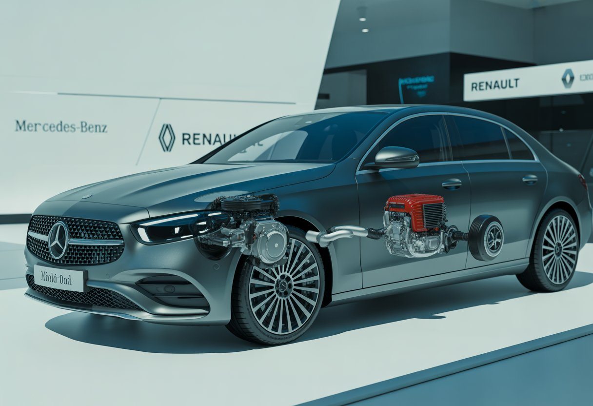 Carro Mercedes-Benz em uma concessionária com o capô aberto mostrando o motor, destacando a colaboração com a Renault.