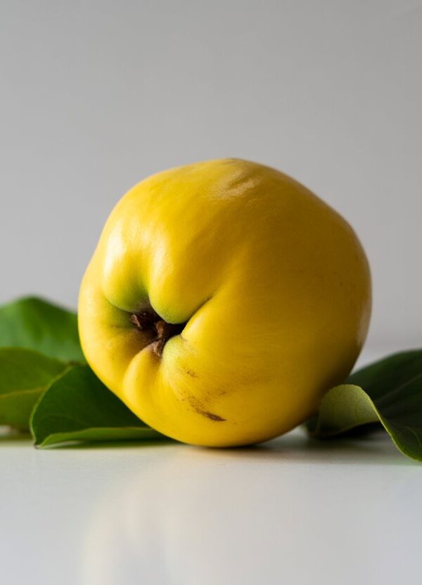 Fruta marmelo amarela fresca com folhas verdes sobre superfície branca.