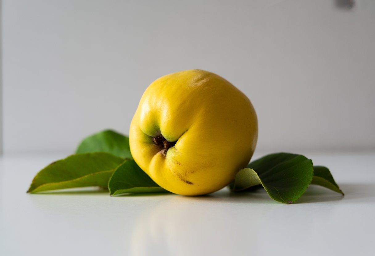 Fruta marmelo amarela fresca com folhas verdes sobre superfície branca.