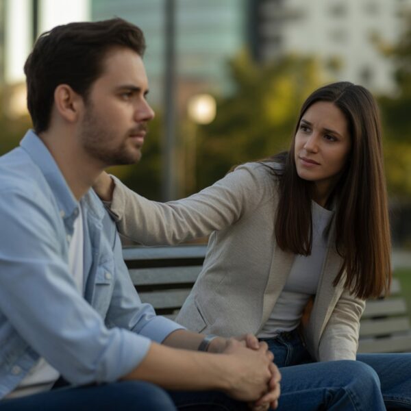 Um homem e uma mulher sentados em um banco de parque, com expressões que mostram tensão e carinho, representando um término e uma volta no relacionamento.