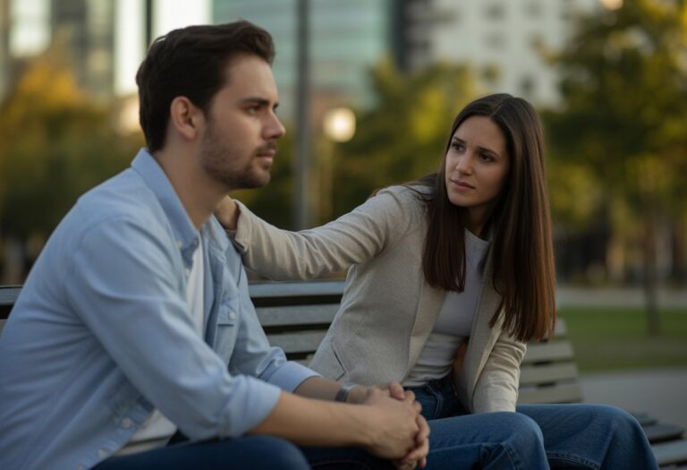 Um homem e uma mulher sentados em um banco de parque, com expressões que mostram tensão e carinho, representando um término e uma volta no relacionamento.