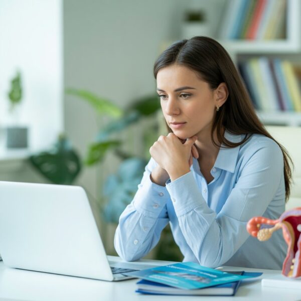 Mulher jovem pensativa sentada em uma mesa com modelo anatômico de útero e laptop em um escritório moderno.