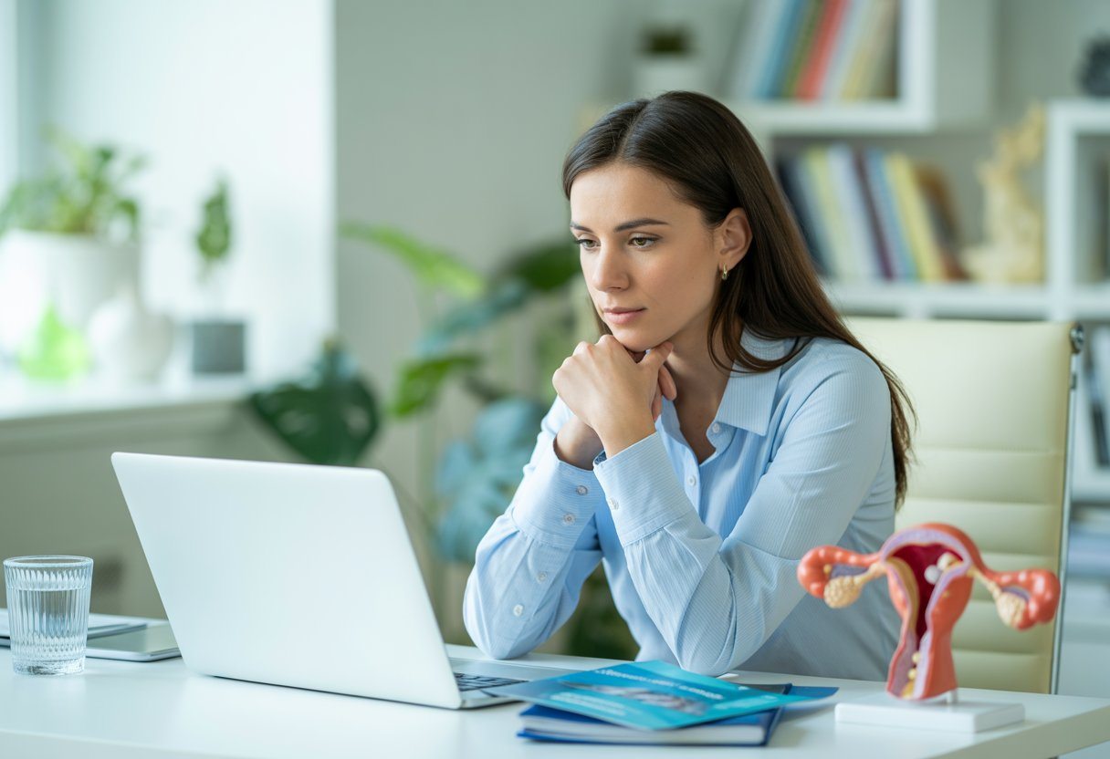 Mulher jovem pensativa sentada em uma mesa com modelo anatômico de útero e laptop em um escritório moderno.