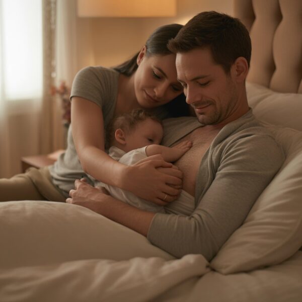 Casal em um quarto acolhedor, com a esposa amamentando o marido enquanto ele está sentado na cama, ambos com expressões de carinho.