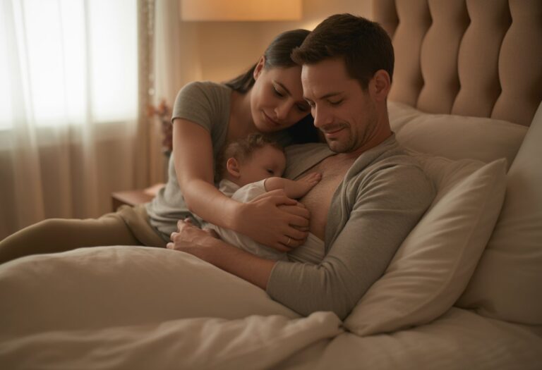 Casal em um quarto acolhedor, com a esposa amamentando o marido enquanto ele está sentado na cama, ambos com expressões de carinho.