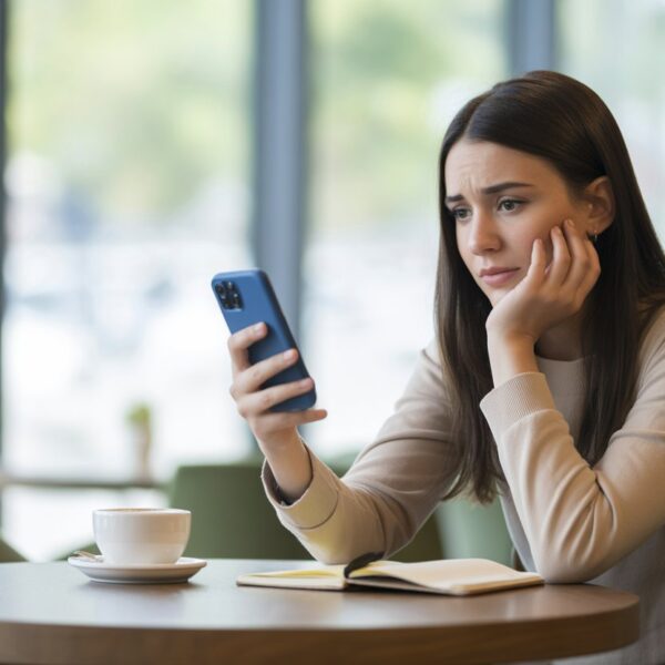 Mulher sentada sozinha em um café olhando pensativa para o celular na mão.