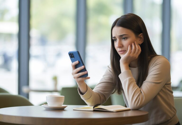 Mulher sentada sozinha em um café olhando pensativa para o celular na mão.