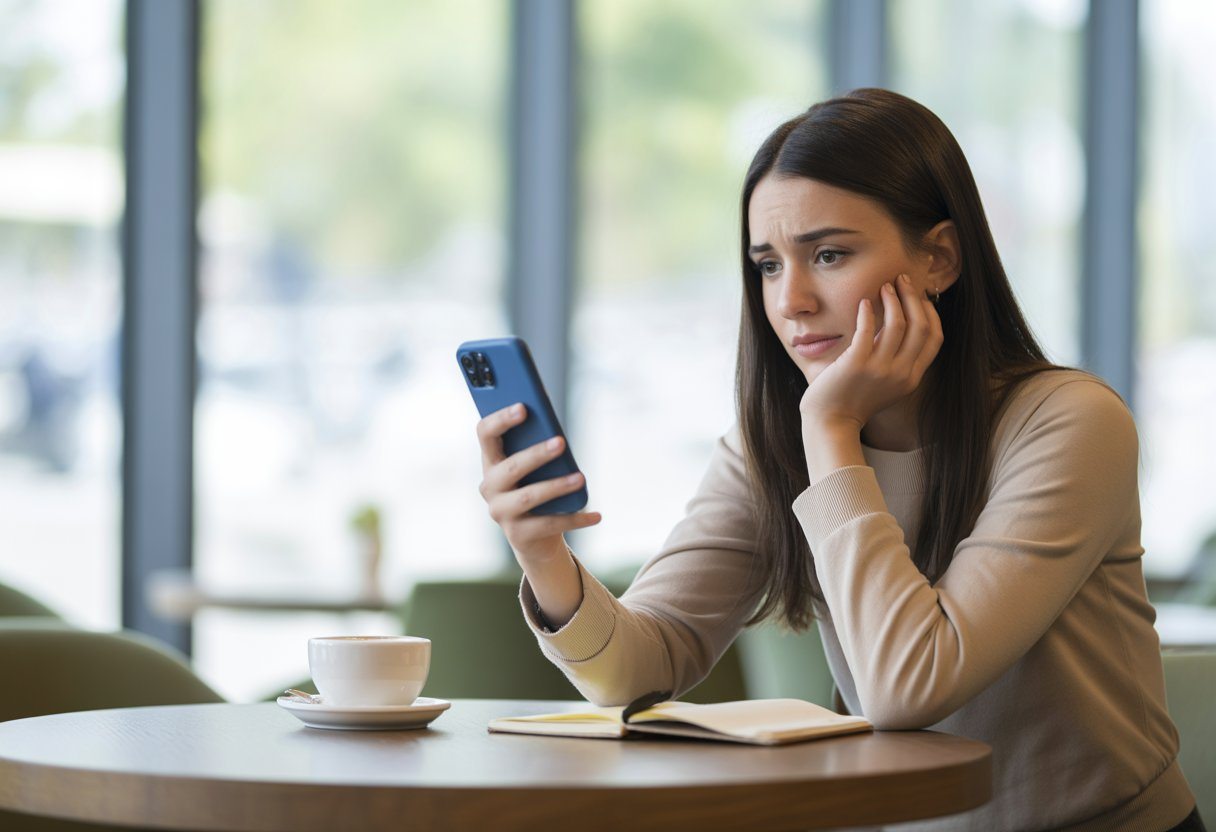 Mulher sentada sozinha em um café olhando pensativa para o celular na mão.
