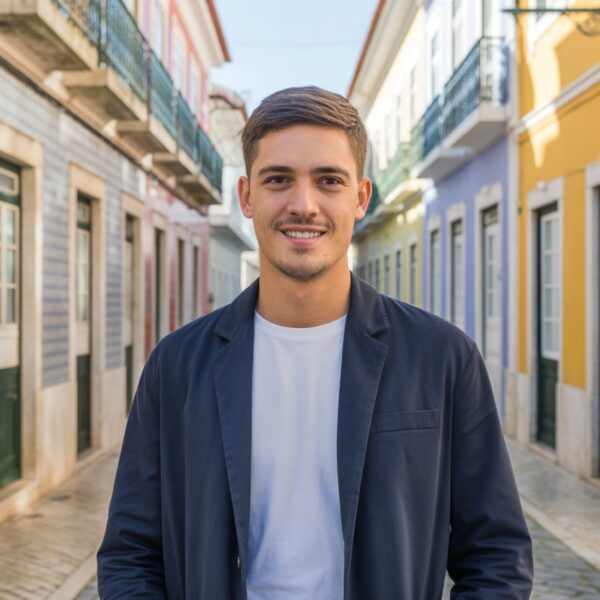 Um jovem português sorridente em uma rua típica de Portugal com fachadas coloridas e calçadas de pedra.