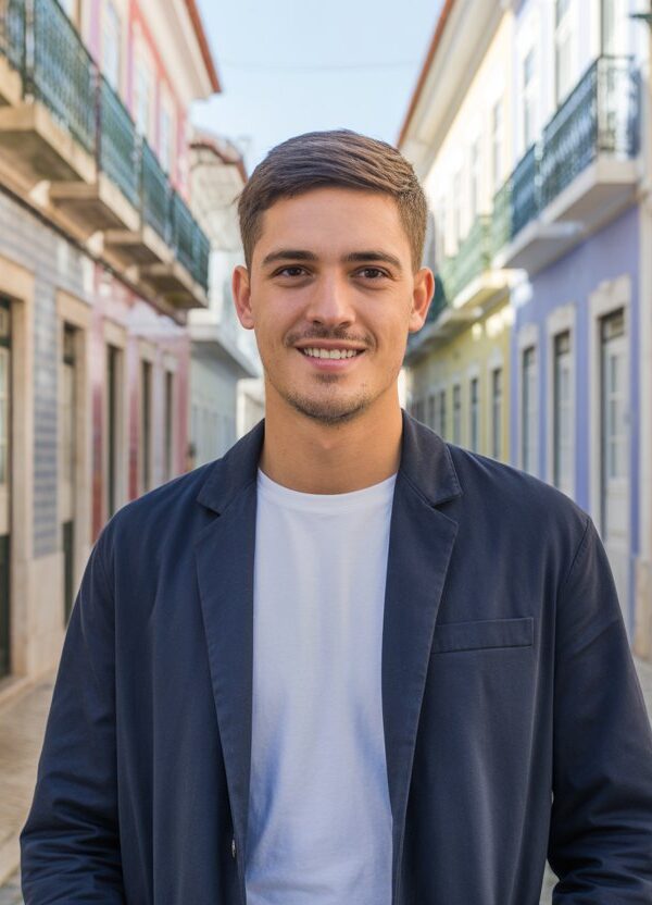 Um jovem português sorridente em uma rua típica de Portugal com fachadas coloridas e calçadas de pedra.