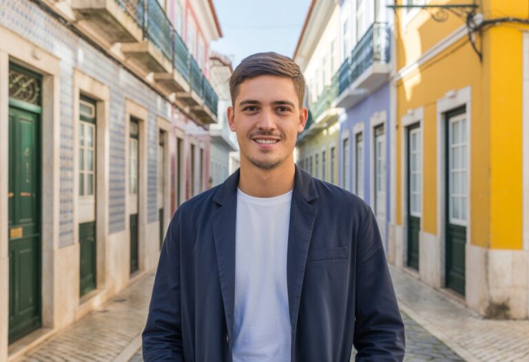 Um jovem português sorridente em uma rua típica de Portugal com fachadas coloridas e calçadas de pedra.