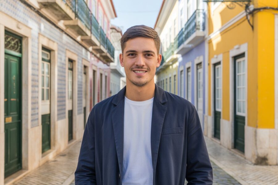 Um jovem português sorridente em uma rua típica de Portugal com fachadas coloridas e calçadas de pedra.
