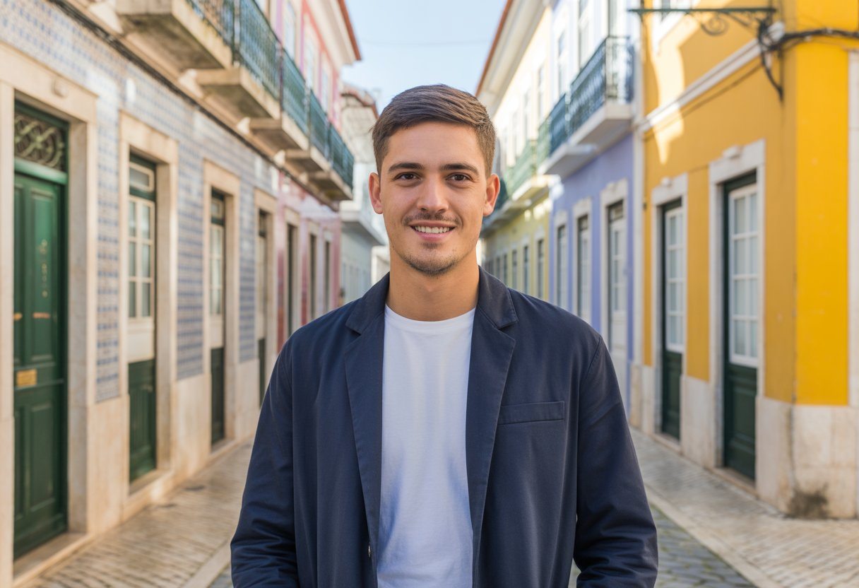 Um jovem português sorridente em uma rua típica de Portugal com fachadas coloridas e calçadas de pedra.