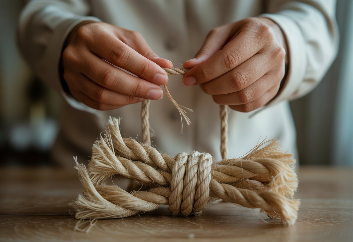 Mãos desfazendo um nó em uma corda que está começando a se soltar.