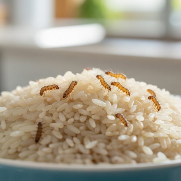 Tigela de arroz branco com larvas visíveis sobre os grãos, em uma cozinha.