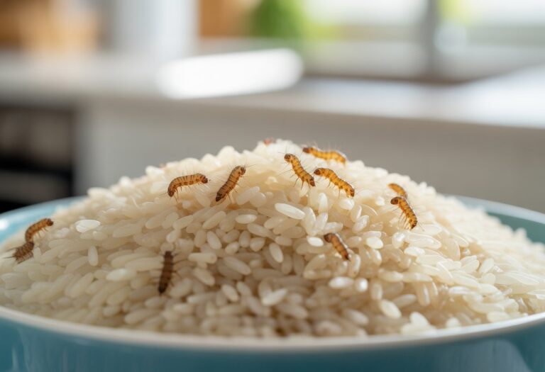 Tigela de arroz branco com larvas visíveis sobre os grãos, em uma cozinha.